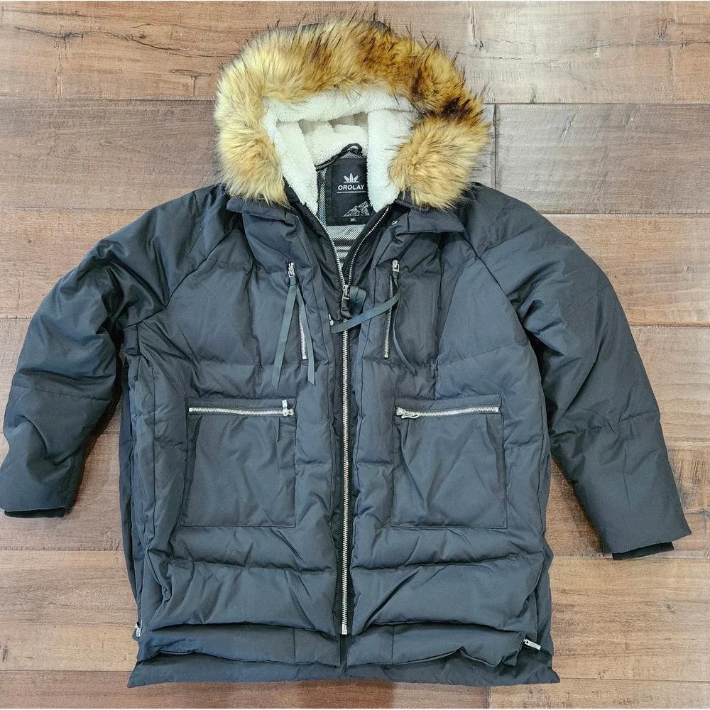 Orolay Ski Lodge Expandable 3XL Black Thickened Down Jacket Faux Fur Hood